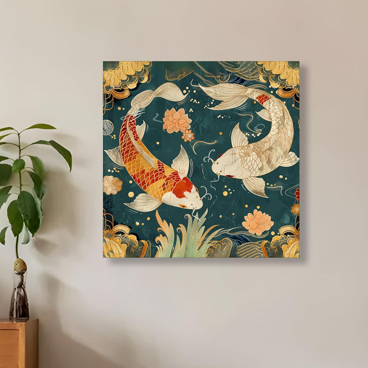 Abstract Koi Artwork Stretched Canvas Painting for Living Room | Asian Fish Canvas Wall Décor Art For Livingroom, Bedroom, Office, Hallways - 16x16 Inch