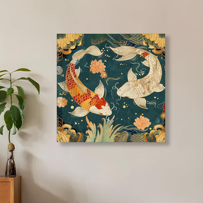 Abstract Koi Artwork Stretched Canvas Painting for Living Room | Asian Fish Canvas Wall Décor Art For Livingroom, Bedroom, Office, Hallways - 16x16 Inch