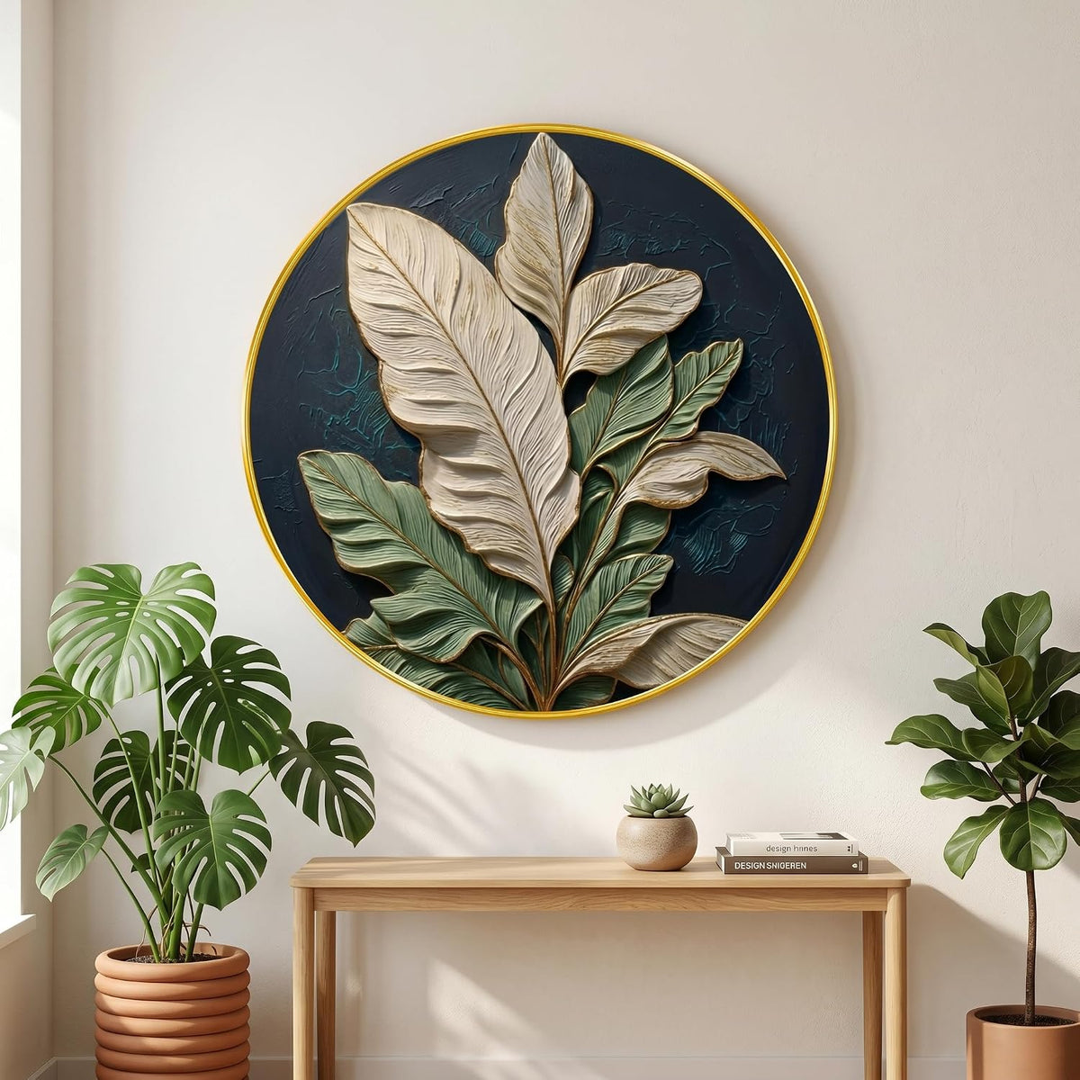 3D Textured Leaf Wall Painting with Golden PVC Frame Round Botanical Wall Art Modern Luxury Design for Living Room Bedroom Office Home Decor Elegant Gift Item (16 x 16 Inch) GRM-352