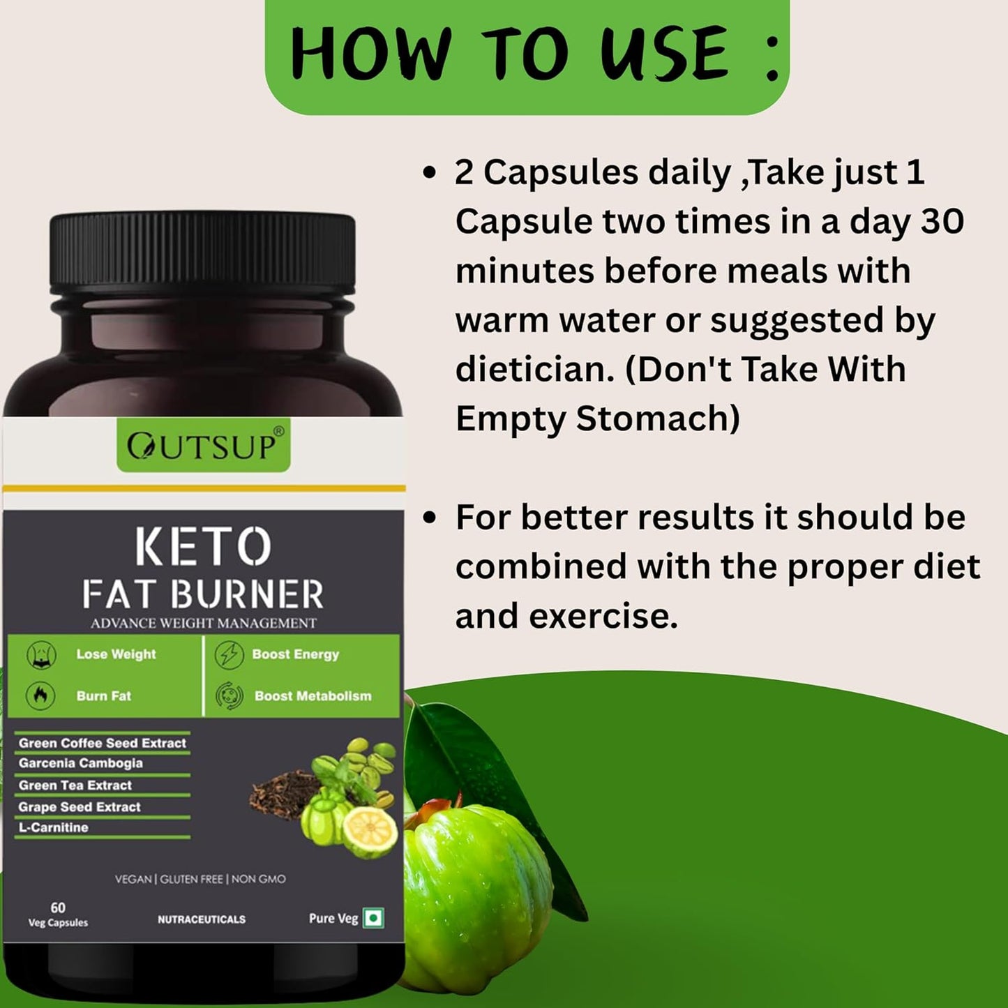 Outsup Keto Fat Burner for Weight Loss Products Supplement for Women and Men with L-Carnitine, Garcinia Cambogia & Green Coffee Extract | Weight Management | 60 Veg Capsules