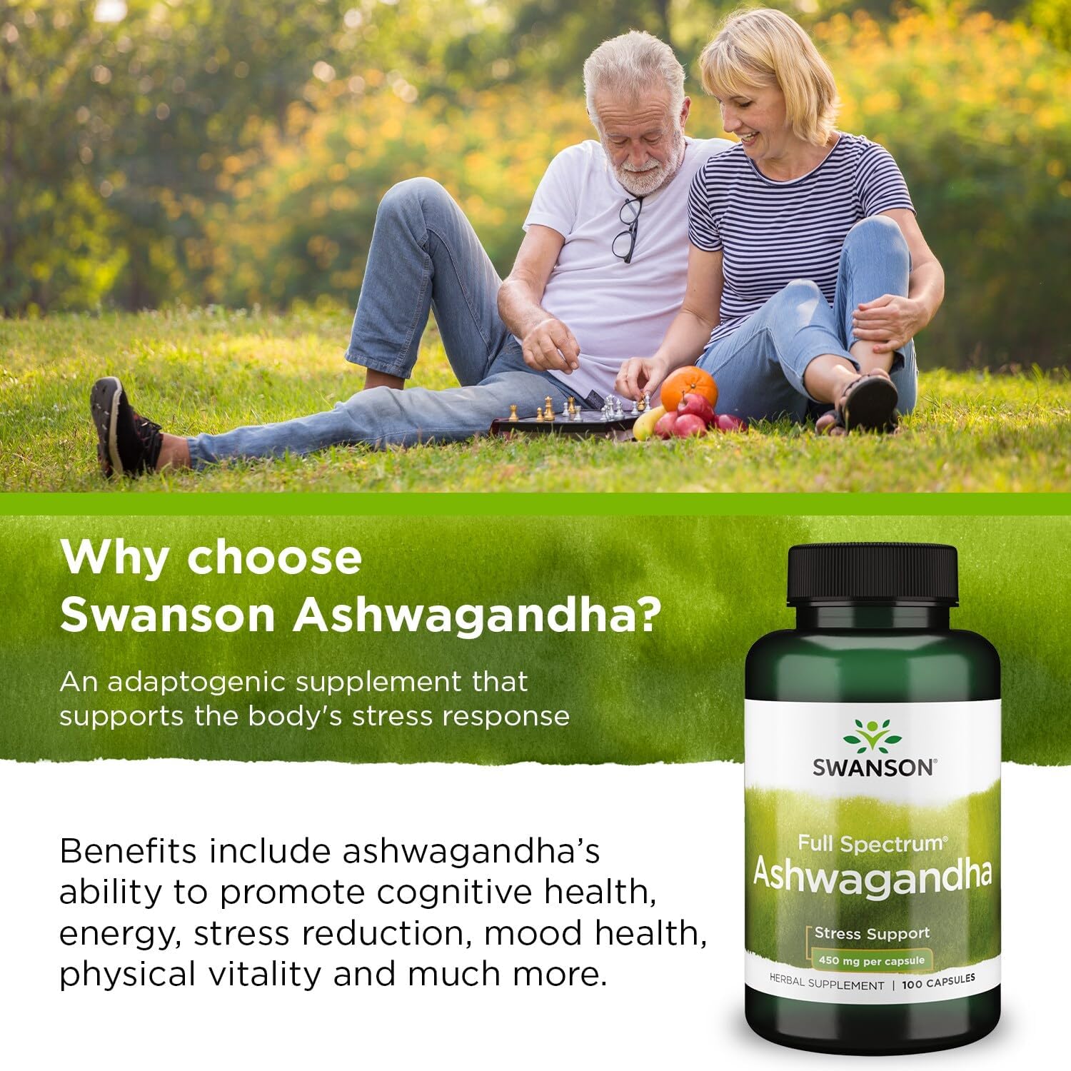 Couple sitting in a park with a bottle of Swanson Ashwagandha supplement.