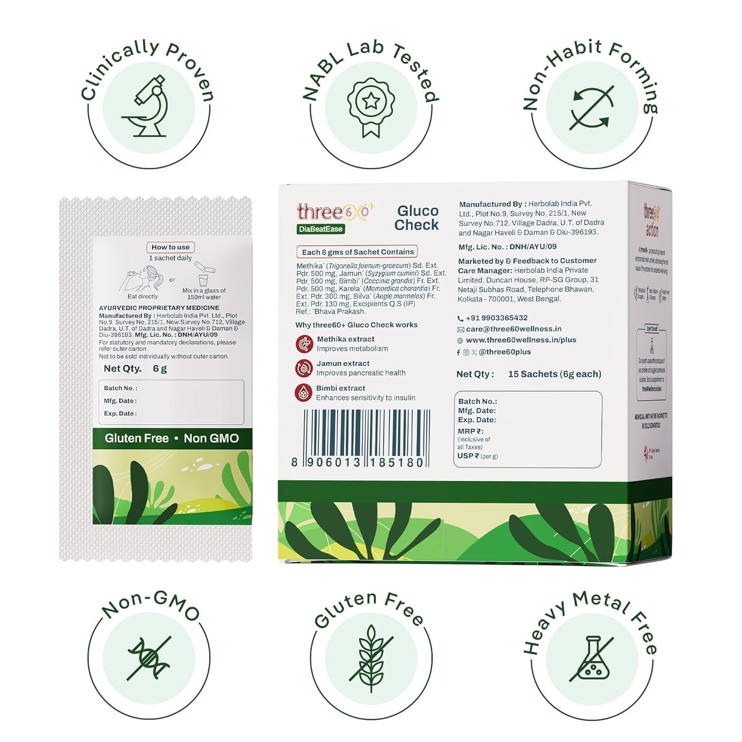 three60+ Gluco Check Powder | Diabetic Care & Diabetes Control Powder | Clinically Proven Diabetic Supplement for Blood Sugar Level | Better than Juice with Only Jamun, Karela | Natural, Non-GMO, Gluten Free | 15 Sachets | 15 Day Pack (Pack of 1)