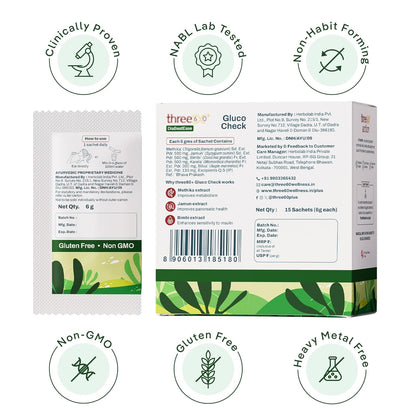 three60+ Gluco Check Powder | Diabetic Care & Diabetes Control Powder | Clinically Proven Diabetic Supplement for Blood Sugar Level | Better than Juice with Only Jamun, Karela | Natural, Non-GMO, Gluten Free | 15 Sachets | 15 Day Pack (Pack of 1)