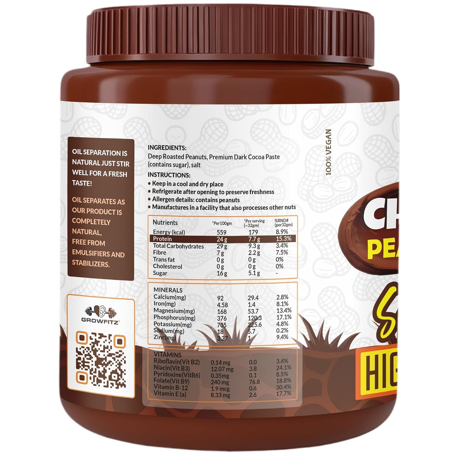 Growfitz Peanut Butter Chocolate Smooth 800g | 24g High Protein Peanut Butter | 7g Fiber | Tasty & Healthy Nut Butter Spread for Breakfast & Snacks | Roasted Peanuts | Zero Sugar (Pack of 1)