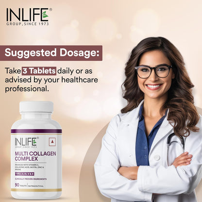 INLIFE Multi Collagen Complex Tablets | 5 Types Peptides I, II, III, V & X with Biotin, Hyaluronic Acid | Collagen Powder Supplements for Women & Men - 90 Tablets (Pack of 1)
