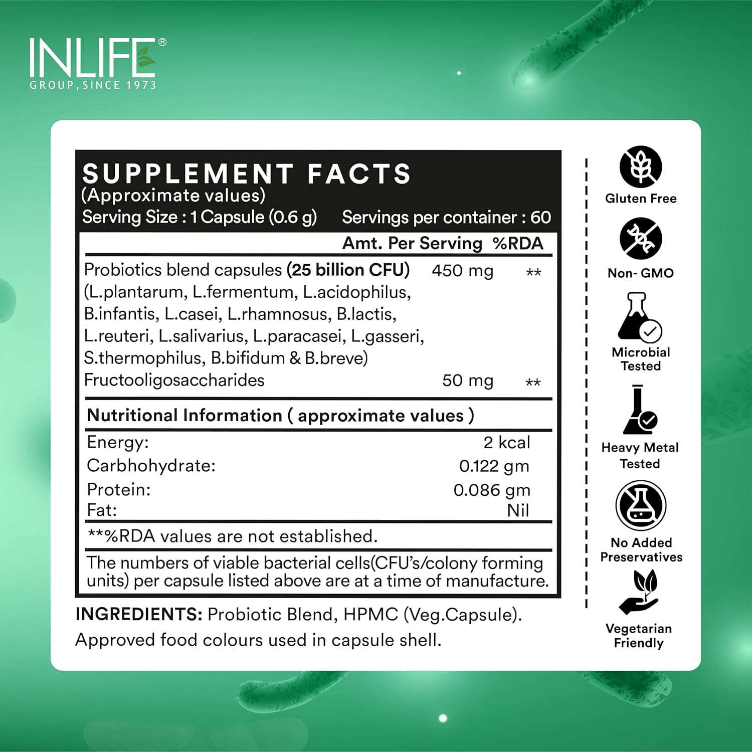 Supplement facts label for a probiotic product on a green background with INLIFE branding.