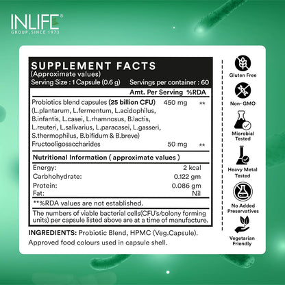 Supplement facts label for a probiotic product on a green background with INLIFE branding.