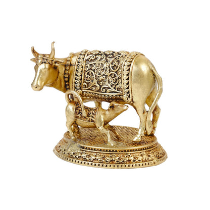 Brass Kamdhenu Cow with Calf Statue 2.2 Inch | Religious Gau MATA Idol for Mandir, Pooja, Home Temple, Vastu, Office Desk & Decorative Spiritual Gift (Pack of 1)
