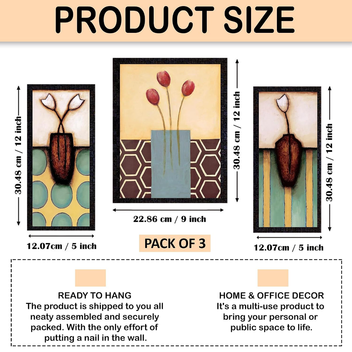 Wall Painting Frames For decor, Pictures Frame For Living Room, Home Decoration, Bedroom, Set of 3, 1pc- 23 x 30 cm, 2pc- 12.5 x 30 cm (Design 10)