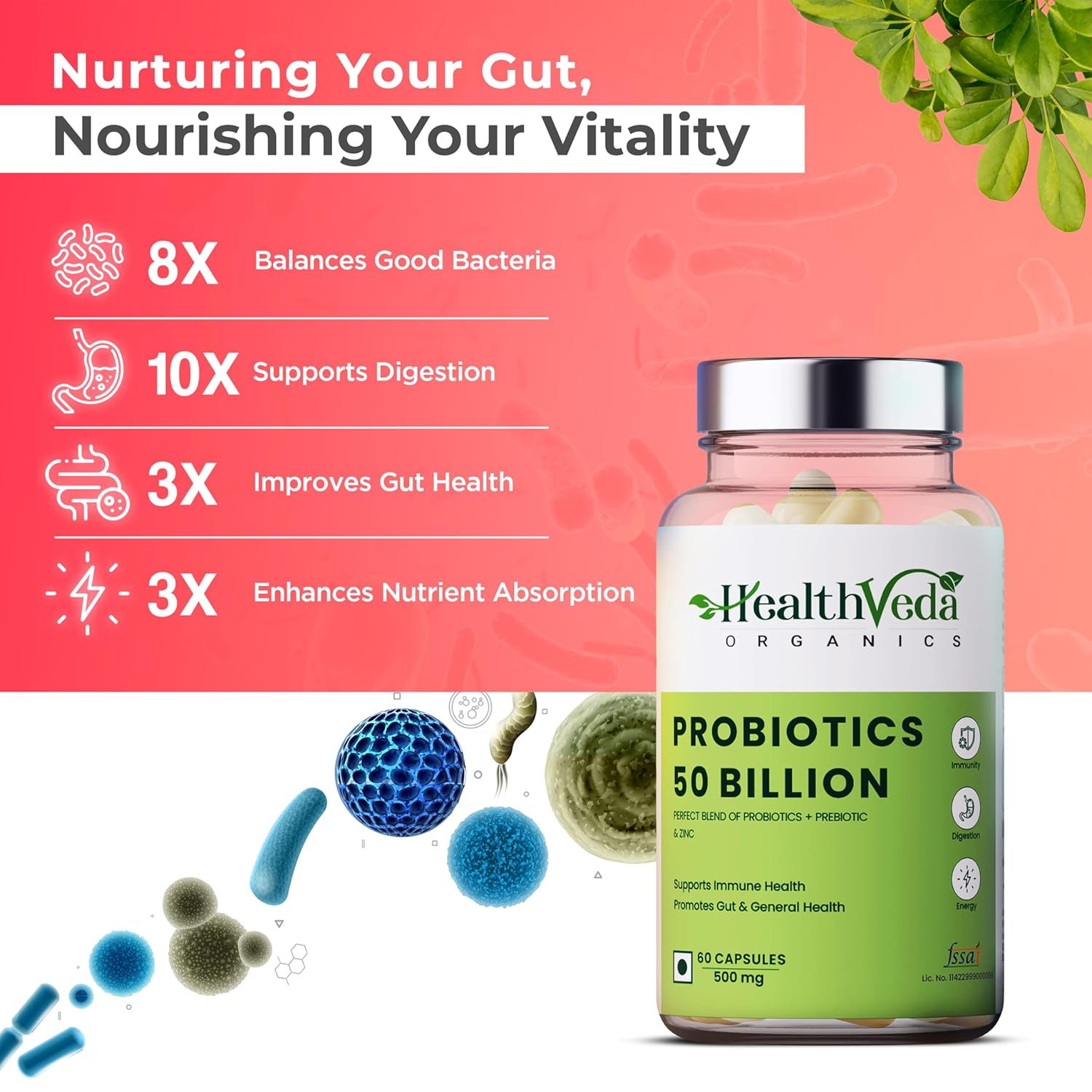 Zephivo HEALTH VEDA ORGANICS PRIVATE LIMITED Probiotics 50 Billion Cfu Multi-Strains With Prebiotic | Good Digestive, Gut Health, Diarrhea, Gas & Bloating Support | Men And Women - 60 Vegetarian Capsules