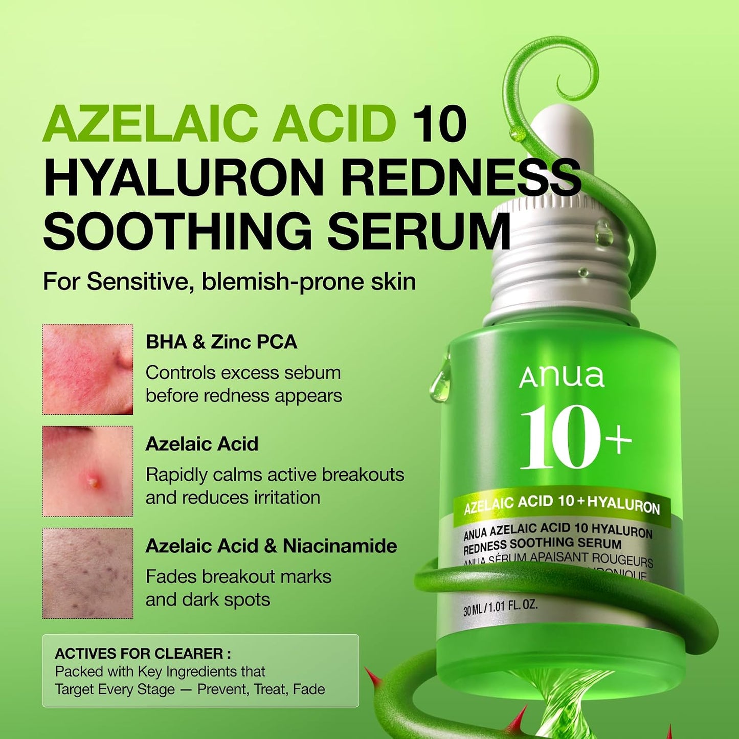 Anua Azelaic Acid 10 Hyaluron Redness Soothing Serum with Cica Soothes & Calms Acne-Prone Skin