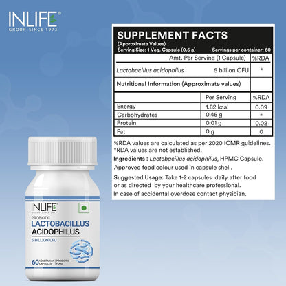 INLIFE Probiotic Lactobacillus Acidophilus 5 billion CFU | Gut Health Supplement for Men Women | Digestive Health, Supports Immunity |With Probiotic Balance – 60 Veg Capsules (Pack of 1, 60)