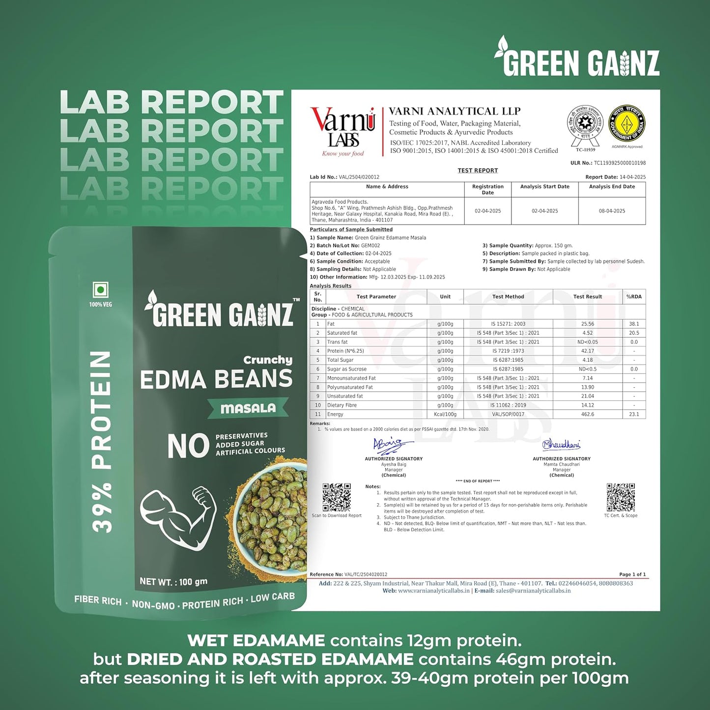 Green Gainz Roasted Edamame Masala Flavour 100gm | 100% Veg High Protein Snack | No Added Sugar | Non-GMO | Rich in Fiber | No Gluten