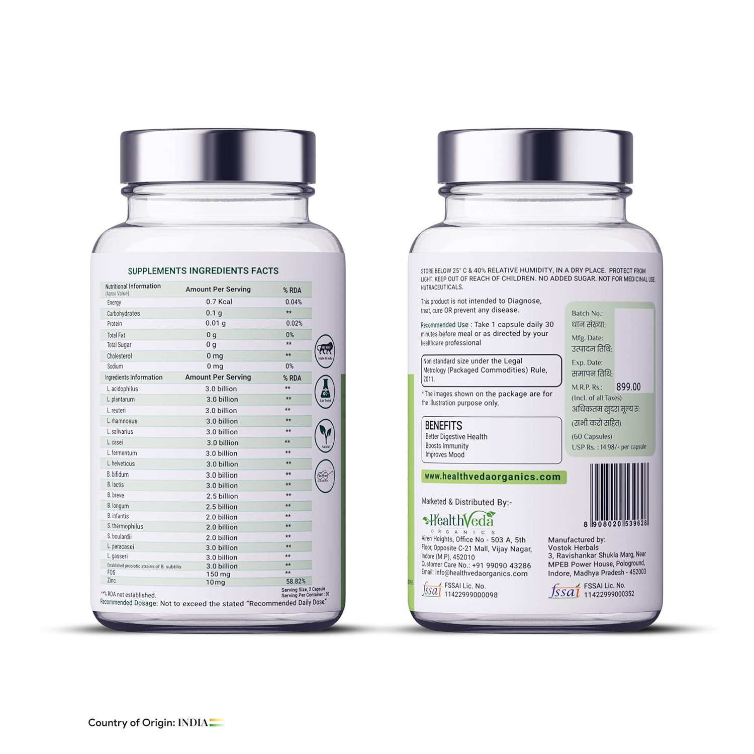 Zephivo HEALTH VEDA ORGANICS PRIVATE LIMITED Probiotics 50 Billion Cfu Multi-Strains With Prebiotic | Good Digestive, Gut Health, Diarrhea, Gas & Bloating Support | Men And Women - 60 Vegetarian Capsules