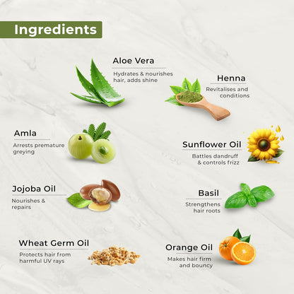 List of hair care product ingredients with corresponding images and descriptions on a light gray background.