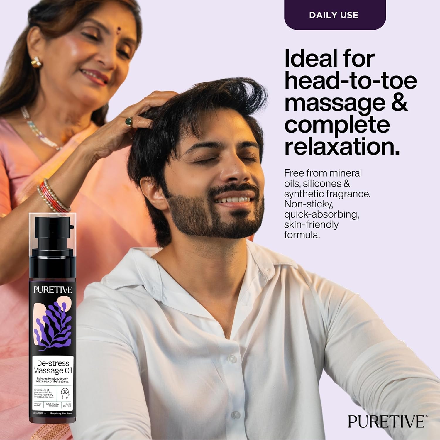 Advertisement for Puretive De-stress Massage Oil featuring a woman massaging a man's head.