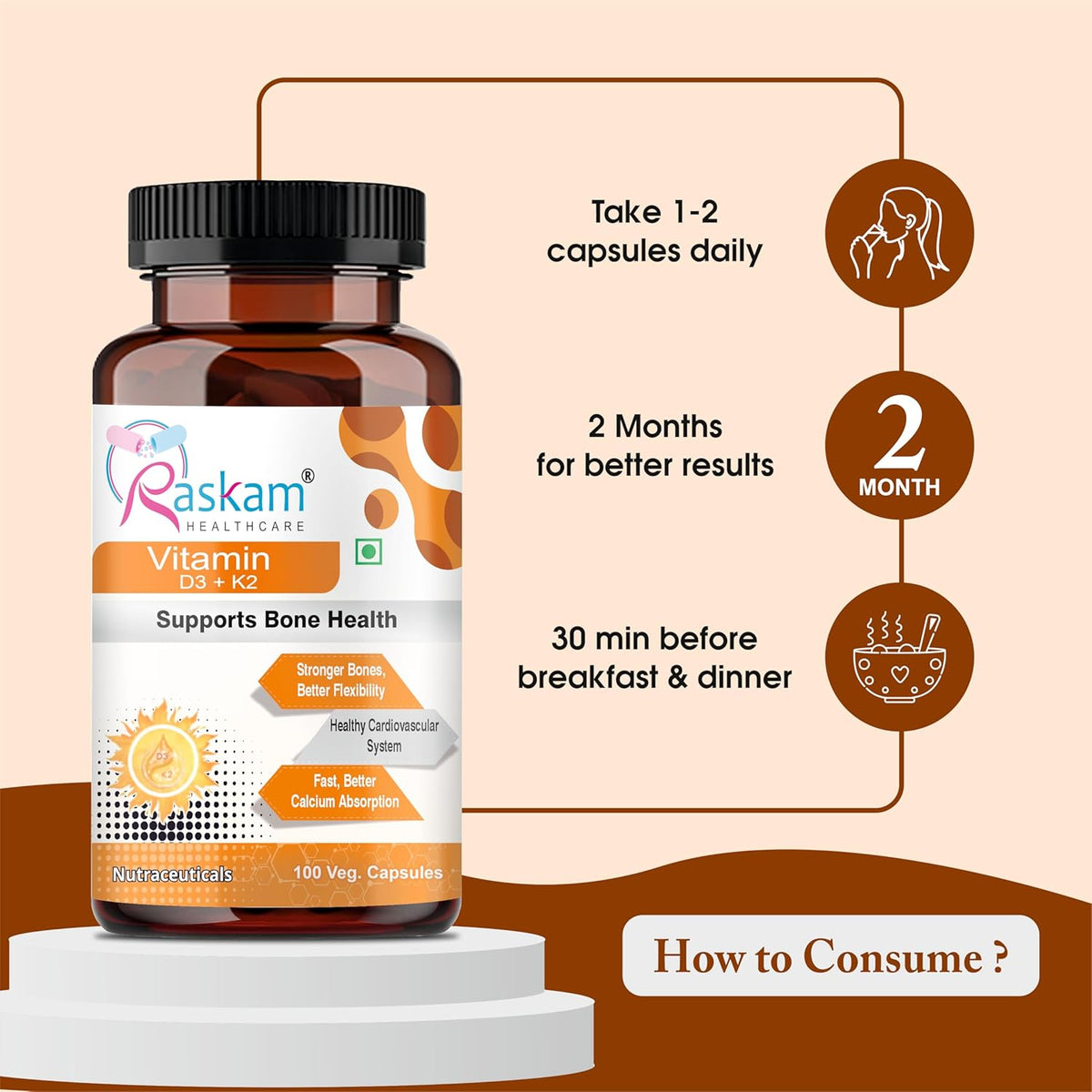 Raskam Healthcare vitamin supplement bottle with usage instructions on a beige background