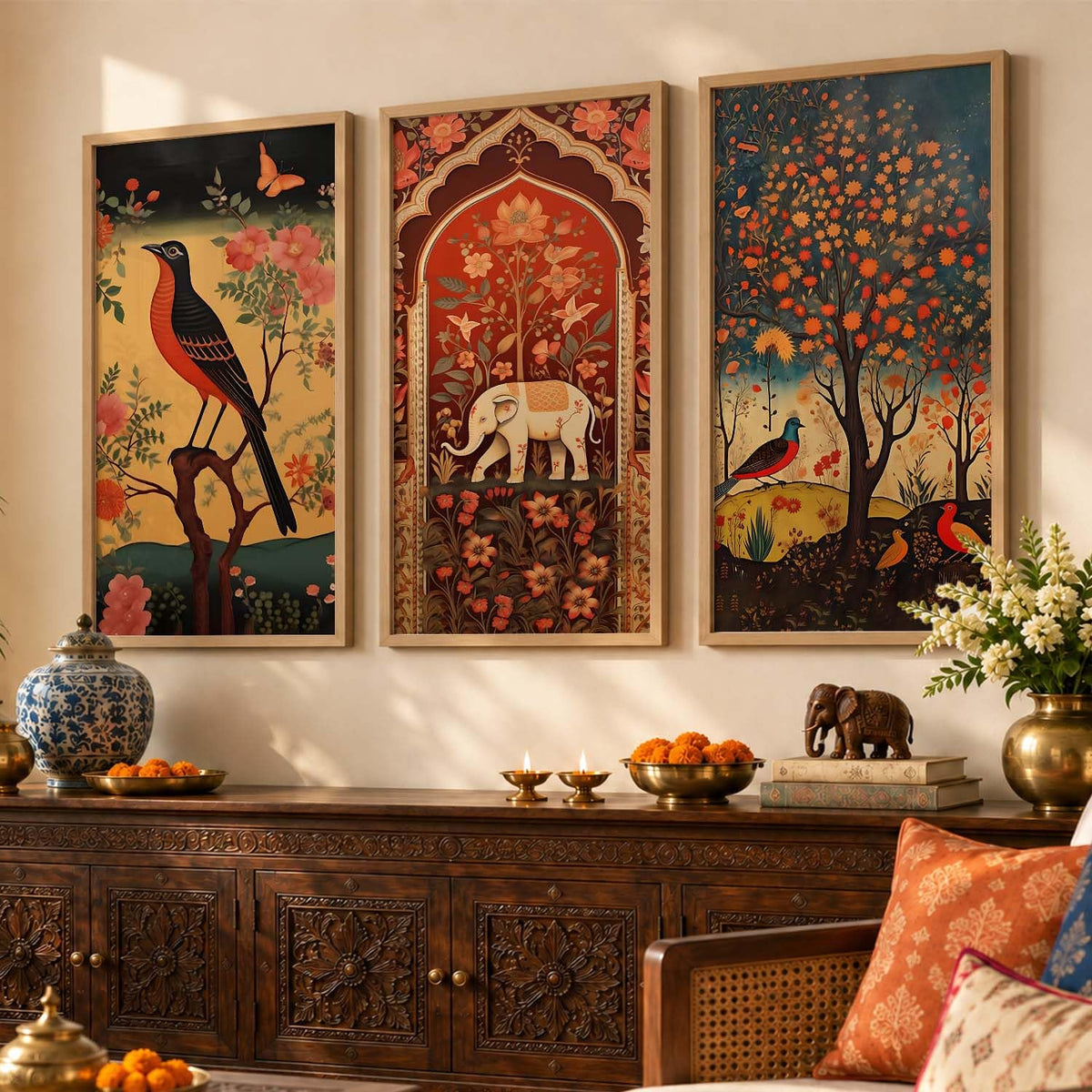 Art Wall Painting Indian Traditional Madhubani Home Decoration With Frame For Living Room Bed Room Hotel Wall Decor Digital Reprint Engineered Wood Set of 3 (Art 3, 10x19 inch)