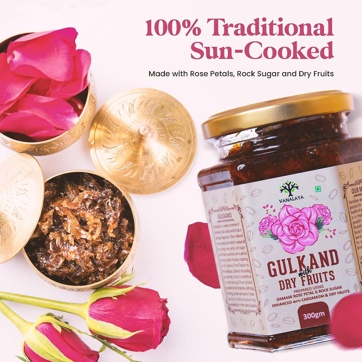 Vanalaya Natural Gulkand Rose Petal Jam - Sun-Cooked Traditional Damask Rose Petals with Cardamom - 600gm