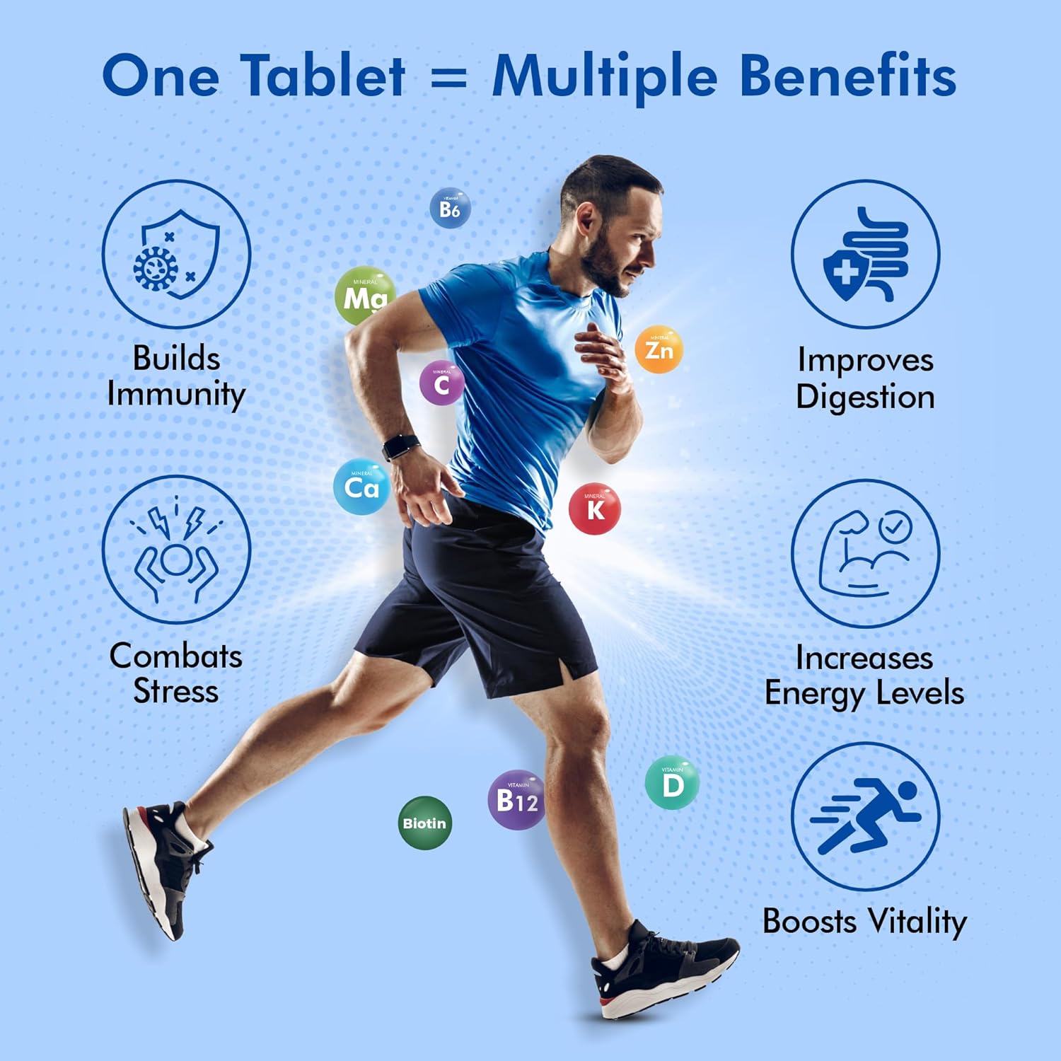 Man running with vitamins and minerals around him on a blue background, highlighting health benefits.