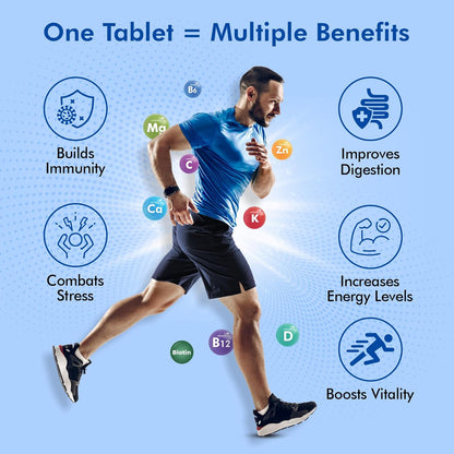 Man running with vitamins and minerals around him on a blue background, highlighting health benefits.