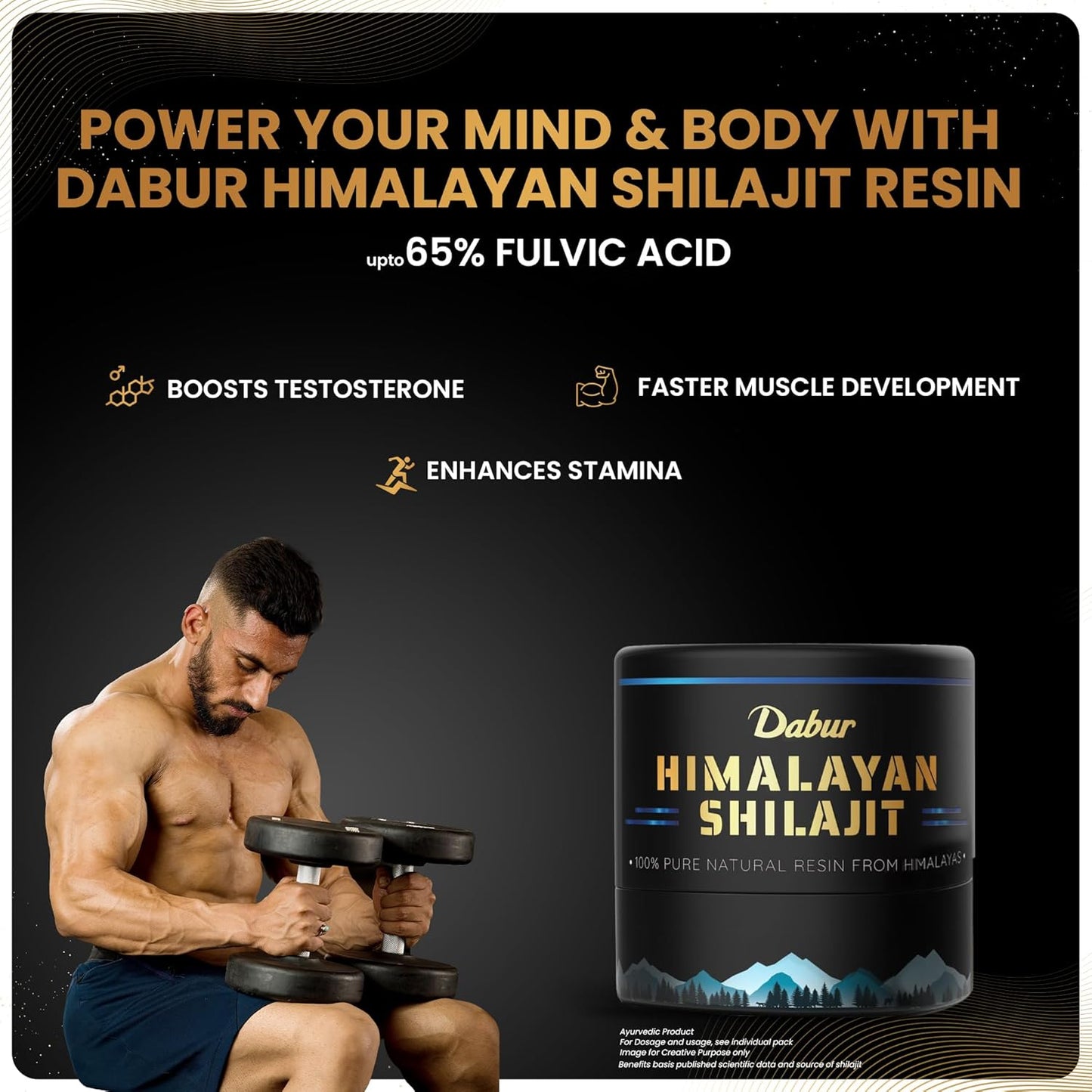 Advertisement for Dabur Himalayan Shilajit Resin showing a man lifting weights with product packaging.