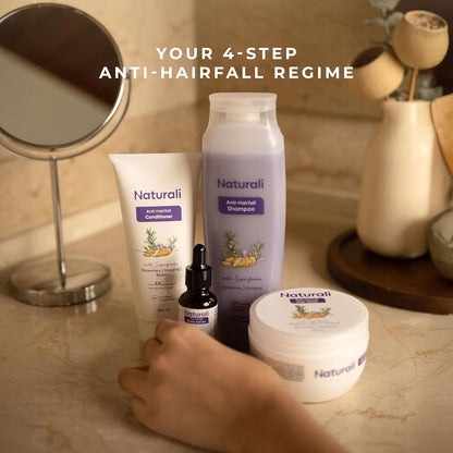 Naturali hair care products on a bathroom counter with text 'Your 4-Step Anti-Hairfall Regime'.