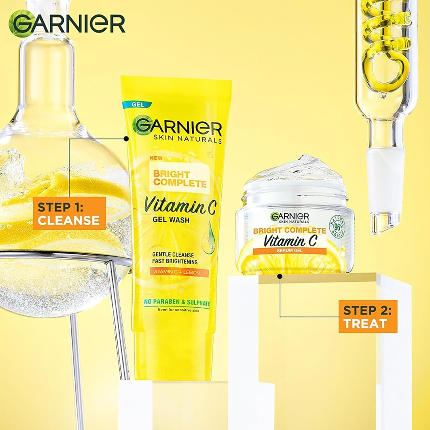 Garnier skincare products on a yellow background