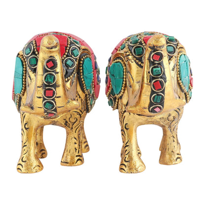 Kalakriti Multicoloured Stone Studded Metal Trunk-up Elephant Showpiece for Good Luck (Vaastu) | Pack of 2 | Decorative Elephant Statue Idol for Home Décor for Prosperity and Luck