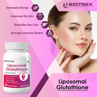 Biotrex Nutraceuticals Liposomal Glutathione Supports Healthy Skin Health, High Purity 50% Lipokon Form - 30 Veg Capsules