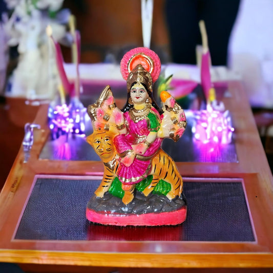 Handpainted Maa Durga Idol | Maa Durga Mitti Ki Murti | Durga MATA Statue Sitting On Lion | Sherawali MATA Murti for Pooja, Home Decor, Auspicious Gifting(8 Inches)