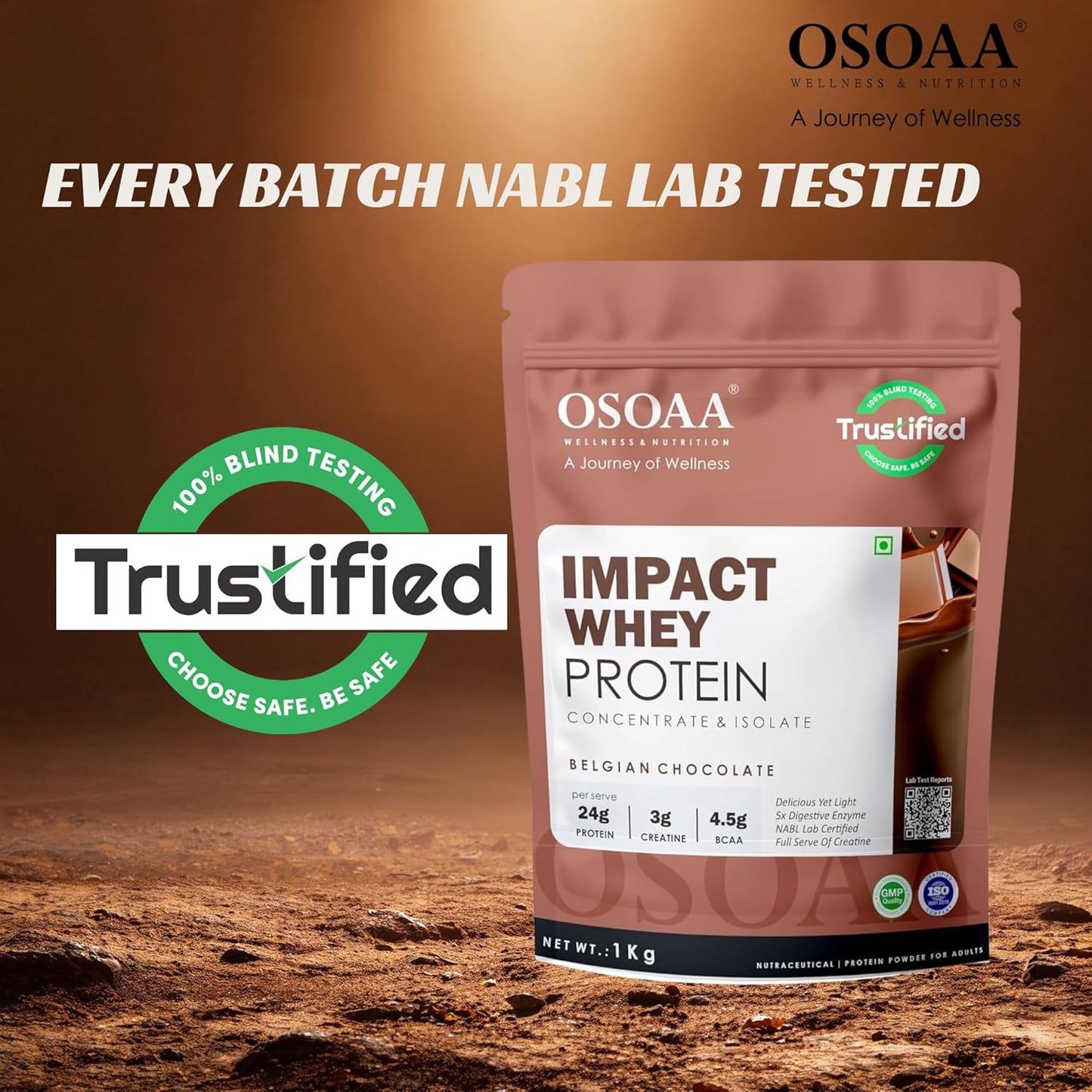 OSOAA Impact Whey Protein package with 'Trustified' trust seal on a brown background