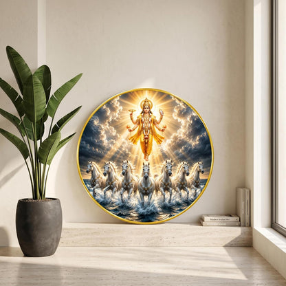 Lord Vishnu 7 Horse Round Wall Painting with Premium PVC Golden Frame, Divine Surya Vastu Art, Hindu Religious Home Decor for Living Room Prayer Room (20 x 20 Inch) GRL-447