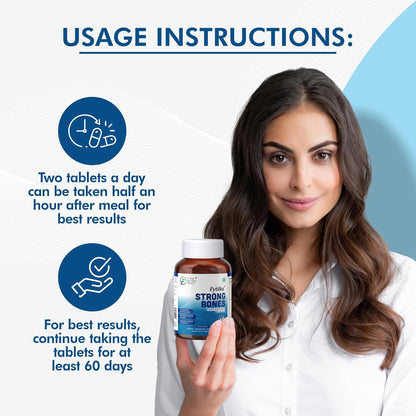Woman holding a supplement bottle with usage instructions displayed.