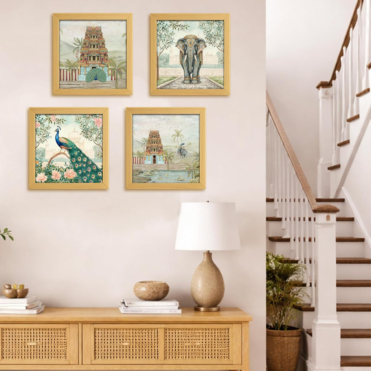 Rousrie Aesthetic Madhubani Art Paintings For Living Room, Bedroom, Multicolor, Natural Wood Color Frames, 8.0 x 8.0 inch, Set of 4