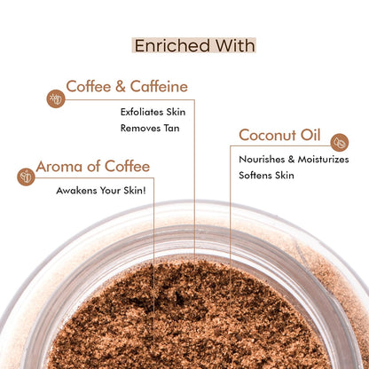 Close-up of a container with coffee powder and text about its ingredients and benefits.