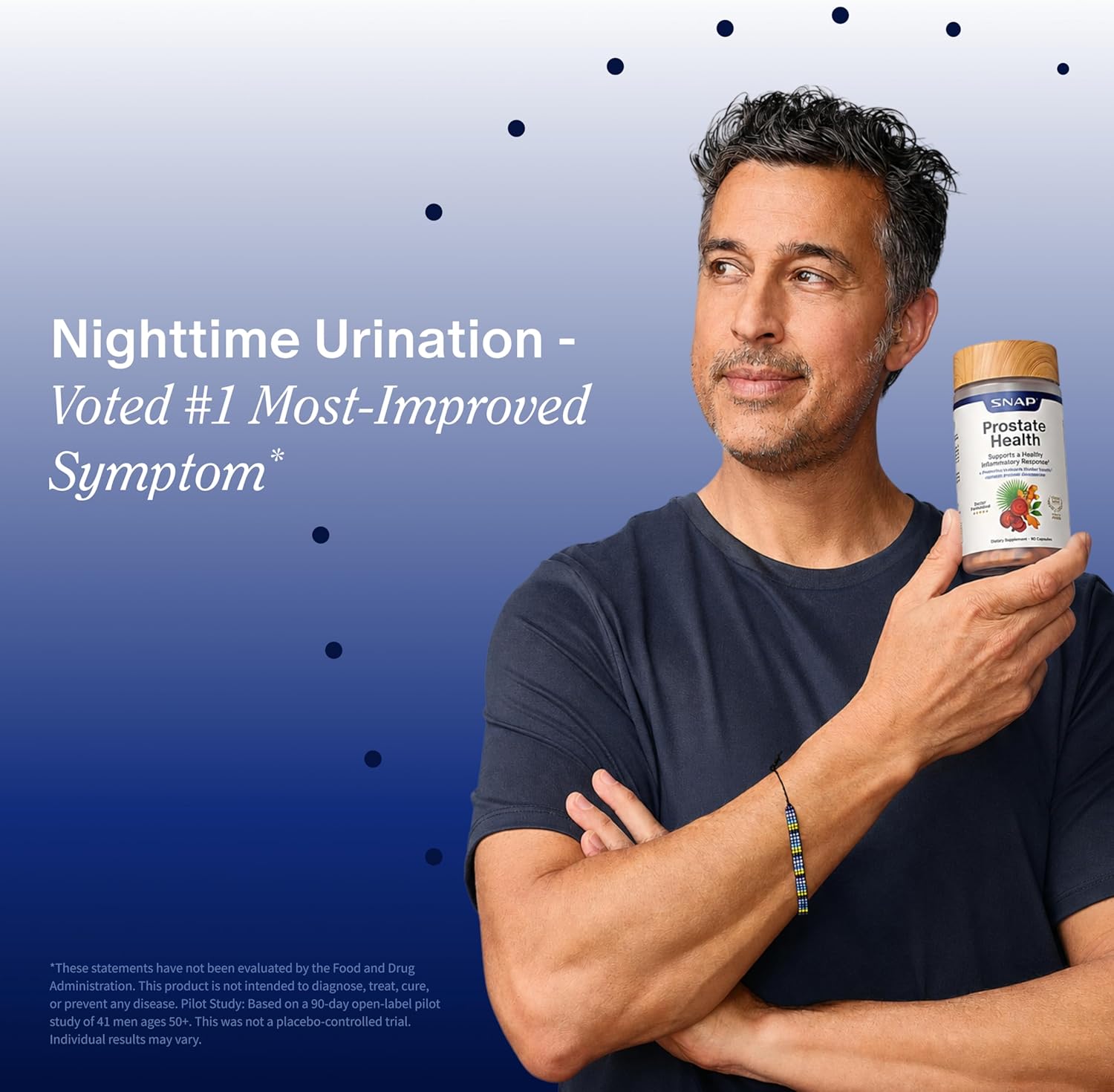 Man holding a supplement bottle with text about nighttime urination improvement on a blue background