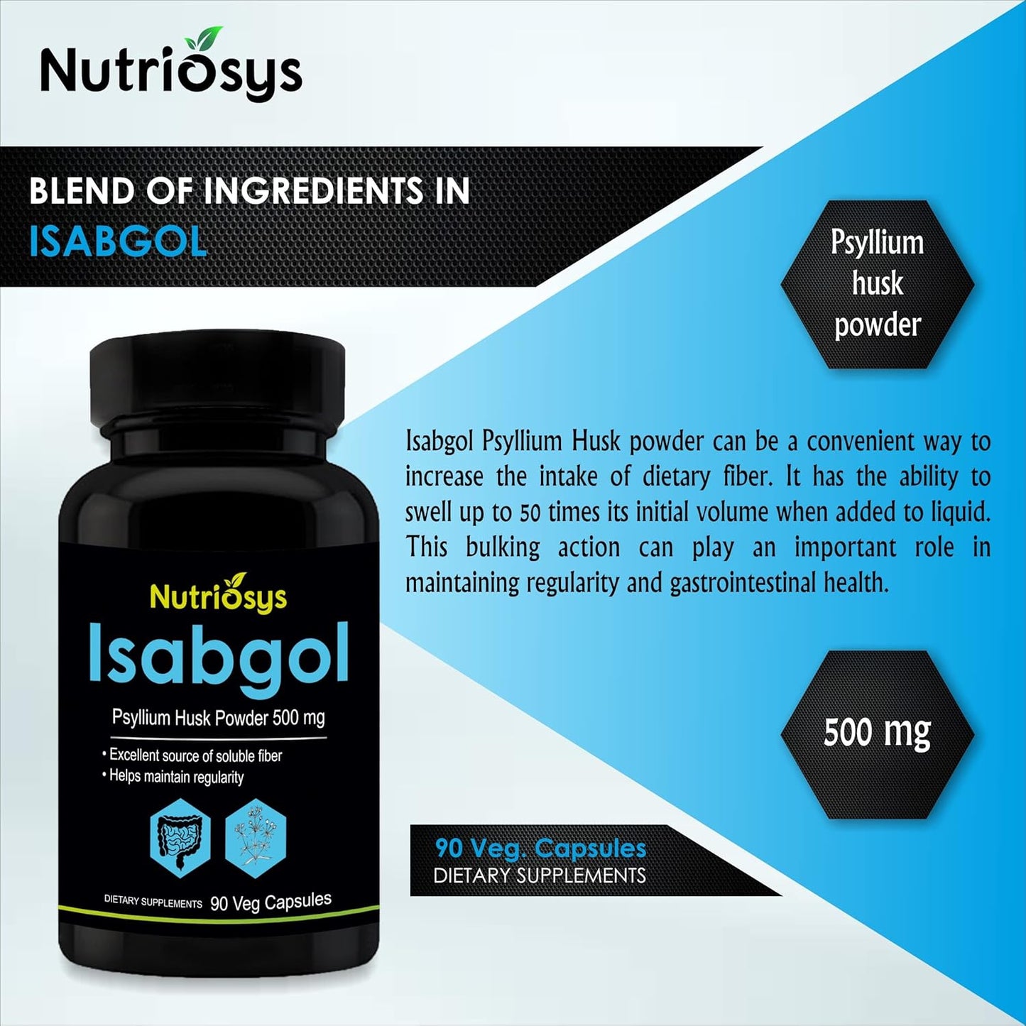 Nutriosys Isabgol 500mg Supplement | Supports Digestive Health | Helps Manage Glucose Levels | Natural Soluble Fiber | From Psyllium Husk | 90 Veg Capsules