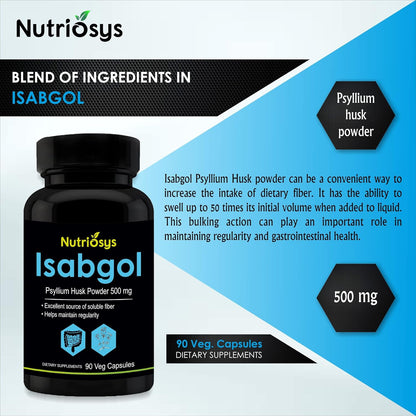 Nutriosys Isabgol 500mg Supplement | Supports Digestive Health | Helps Manage Glucose Levels | Natural Soluble Fiber | From Psyllium Husk | 90 Veg Capsules