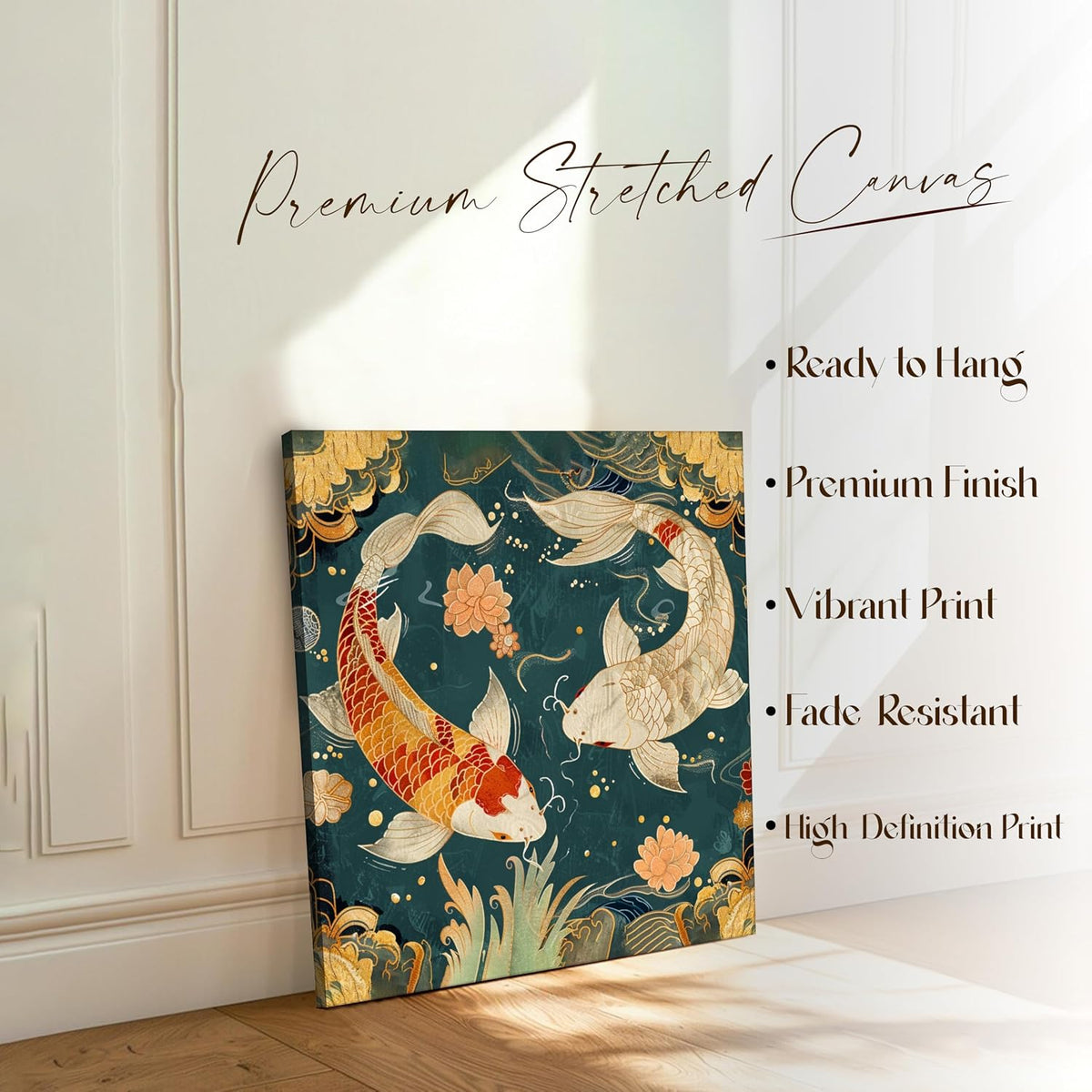 Abstract Koi Artwork Stretched Canvas Painting for Living Room | Asian Fish Canvas Wall Décor Art For Livingroom, Bedroom, Office, Hallways - 16x16 Inch