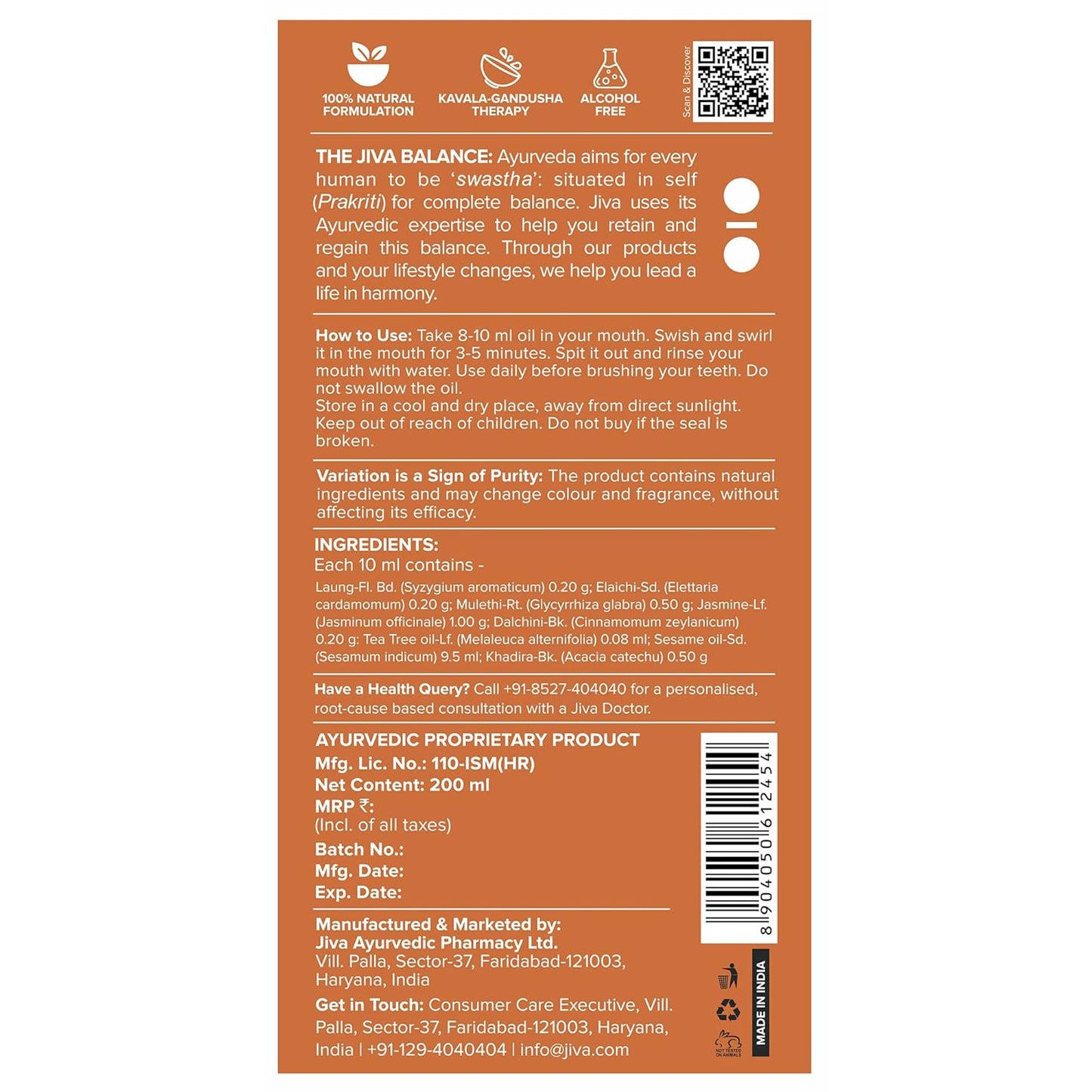 Jiva Oil Pulling 200ml | Ayurvedic Oil For Oil Pulling Deep Cleanses Mouth, Removes Toxins | Prevent Bad Breath, Alleviates Toothache & Sensitivity