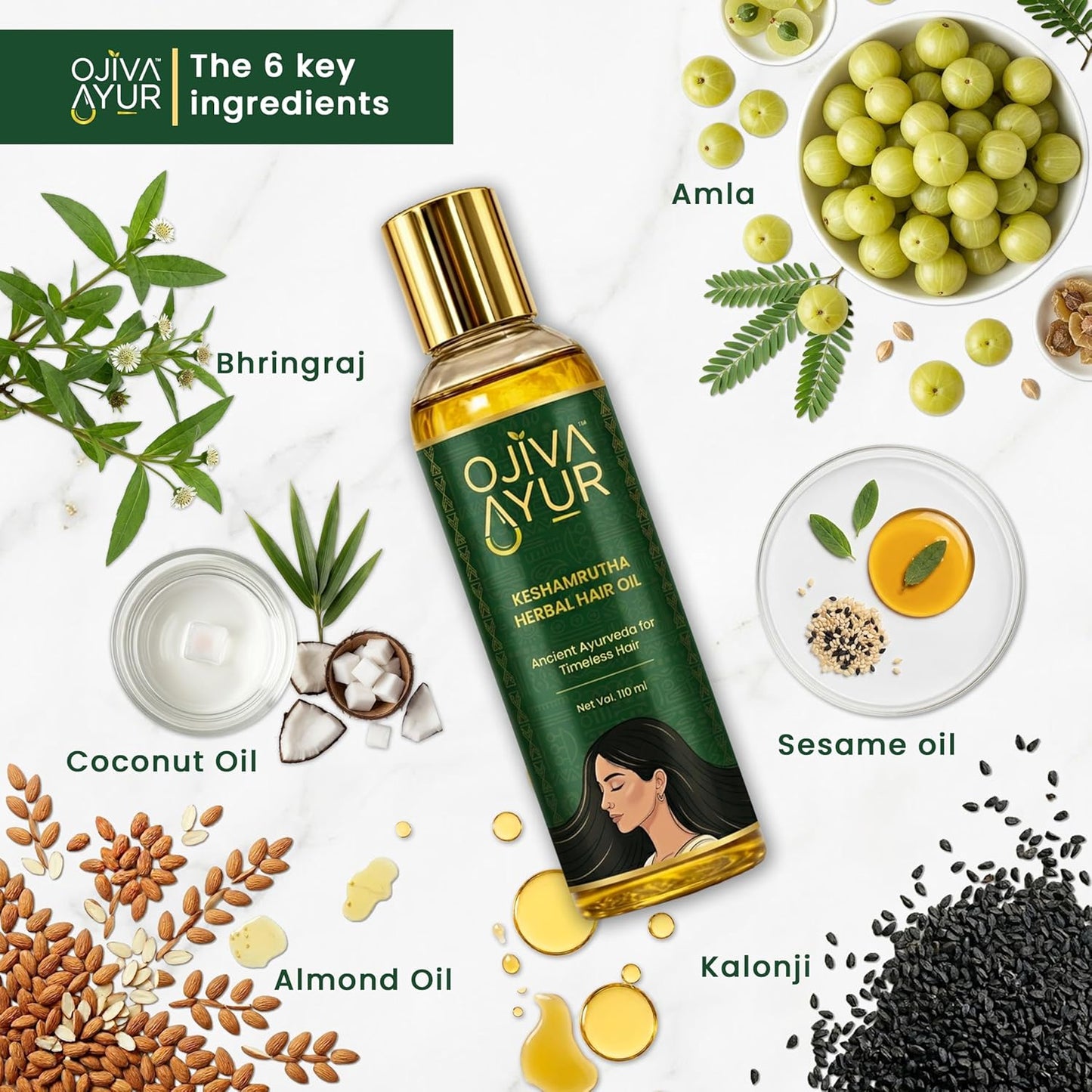 OJIVA AYUR Keshamrutha Bhringraj & Amla Hair Oil for Hair Growth & Hair Fall Control | Ayurvedic Oil with Kalonji, Cold-Pressed Coconut, Sesame, Almond | For Men & Women | Lab-Tested | 115ml