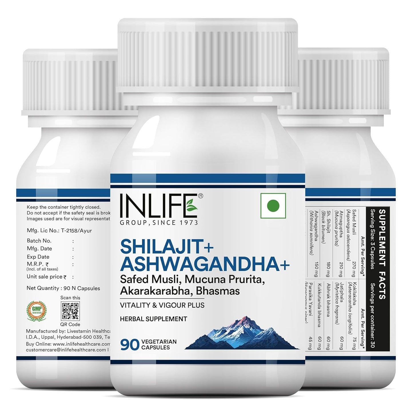 INLIFE Shilajit with Ashwagandha Safed Musli Akarkara | Strength and Stamina | 14 Ayurvedic Ingredients | For Men & Women - 90 Vegetarian Capsules