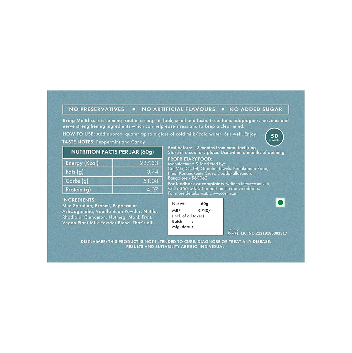Nutrition facts label on a blue background
