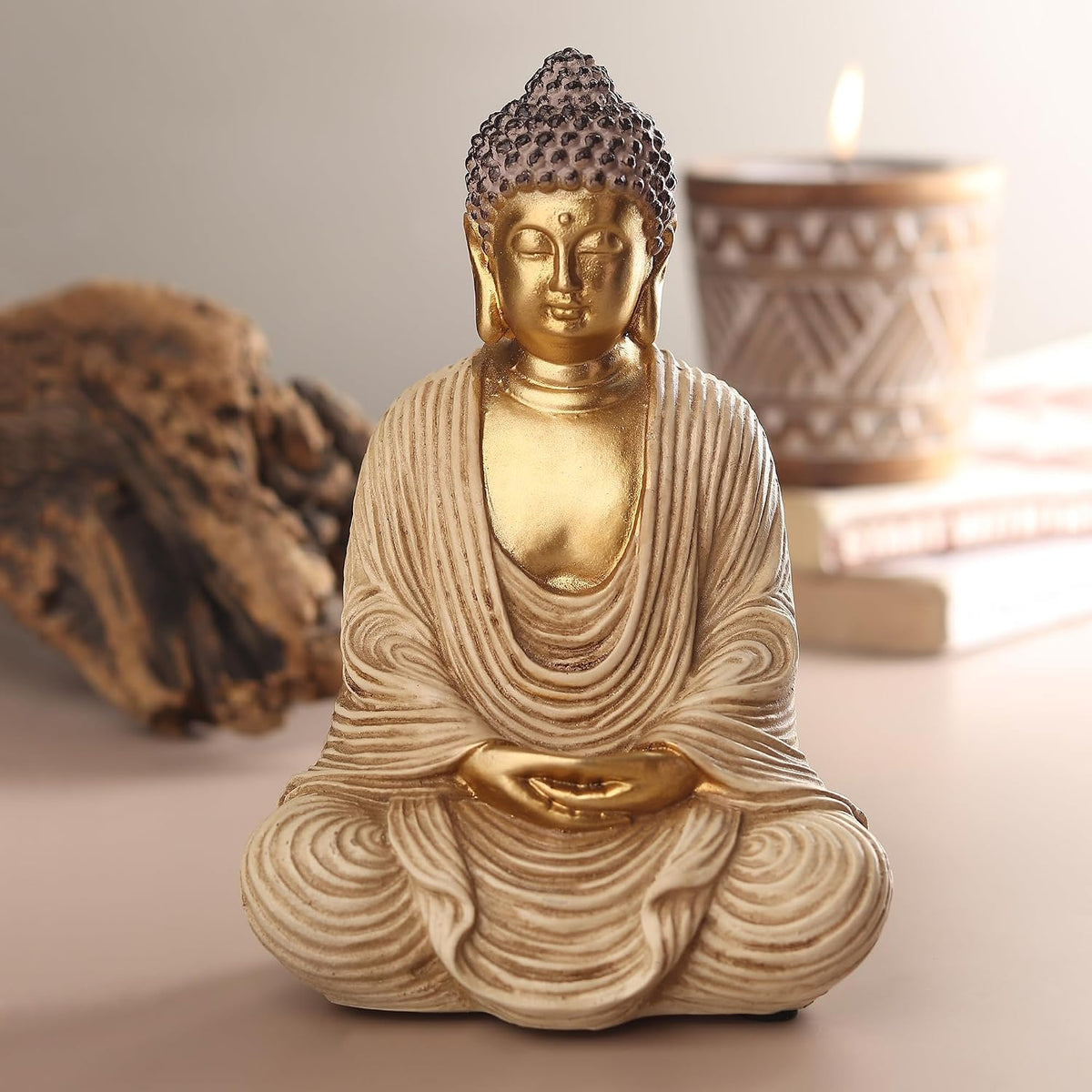 Buddha Statue | Buddha Idols for Home Decor | Showpiece | Gift Items for Home | Decorative Items for Living Room (Beige: L11xW9xH16 cm)