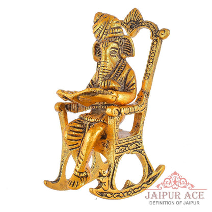 Lord Ganesha Reading Ramayana Statue Hindu God Ganesh Ganpati Sitting on Chair Idol Sculpture Good Luck & Success Home Office Gifts Decor Golden Brass Metal