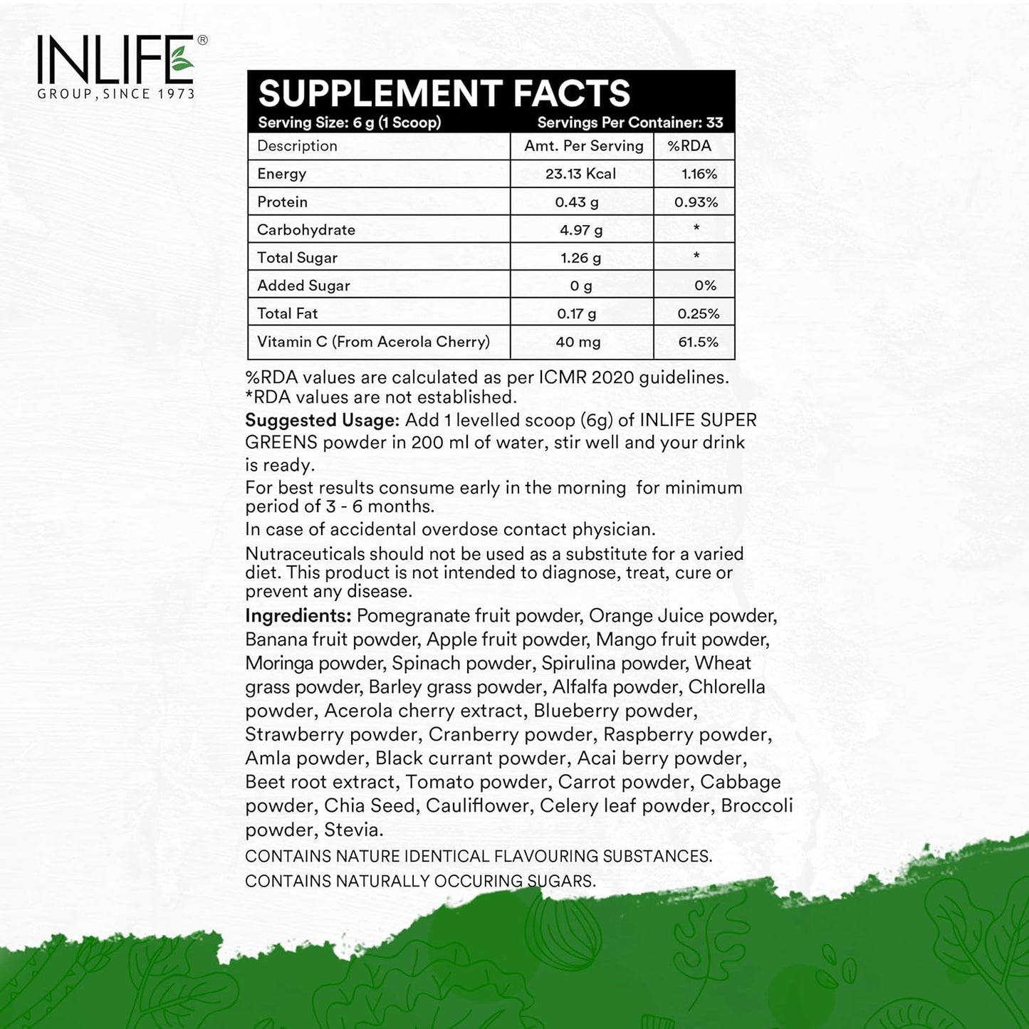 INLIFE Super Greens Powder Supplement | Spirulina, Moringa, Chlorella, Alfalfa, Wheat Grass, Barley Grass Blend | - 200g