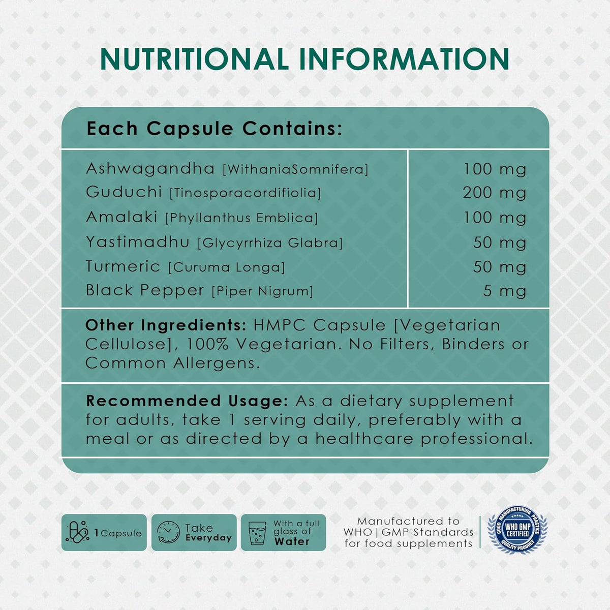 Nutritional information label for a dietary supplement with ingredients and usage instructions.