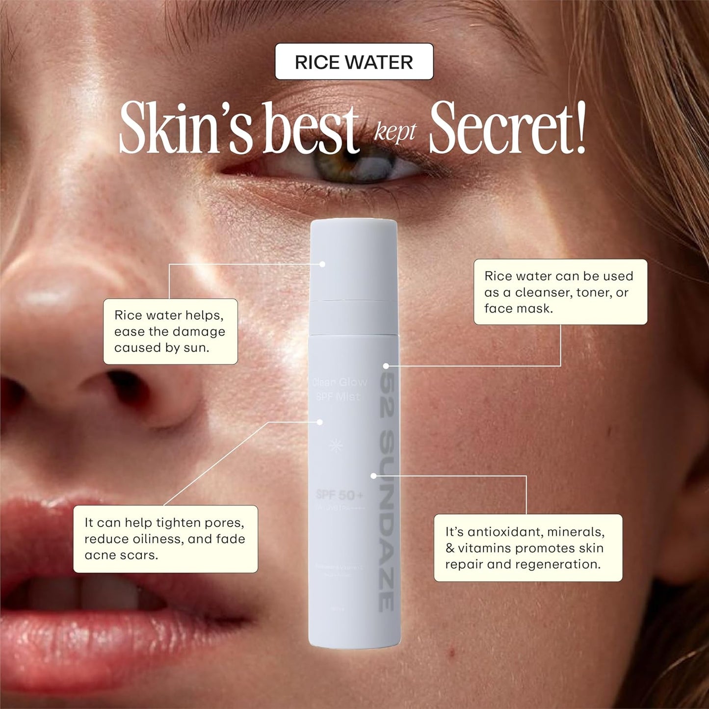 52 Sundaze Rice Water Sunscreen Mist SPF 50 PA++++ | Broad Spectrum UVA/UVB Protection | Alcohol-Free | Invisible, No White Cast | Lightweight, Reapply Over Makeup | For Oily, Combination, Acne-Prone & Sensitive Skin | 100 ml
