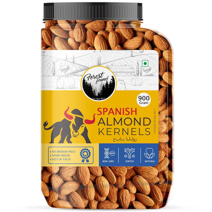 Forest Found Spanish Whole Almonds - 900g | Crunchy Raw Badam Giri | 100% Natural, Fresh & Authentic Mediterranean Almonds | High Protein & Vitamin E Rich | Healthy Snack for Brain & Heart